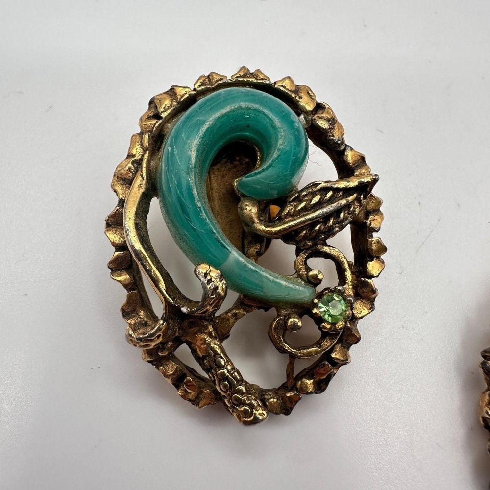 Vintage 80s Brass Tone Turquoise Green Cabochon Statement Clip Earrings Jewelry - Picture 5 of 9